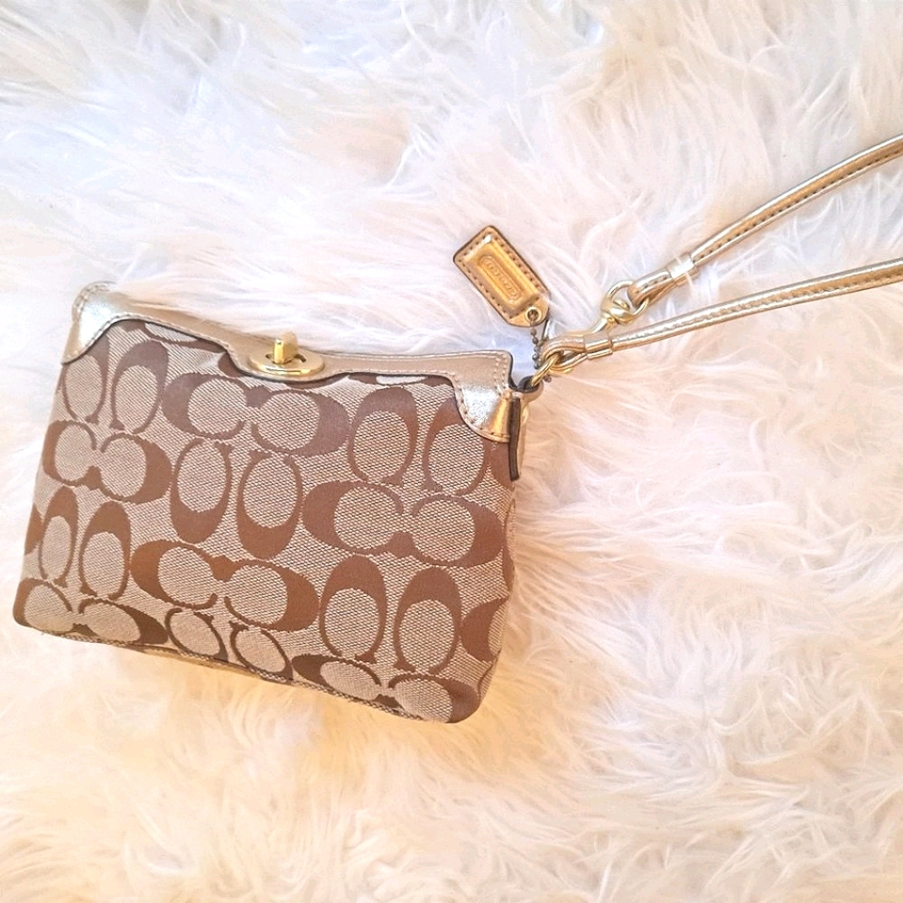 COACH small purse with mini strap, khaki and gold
